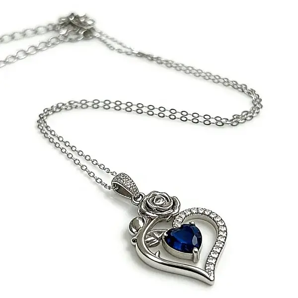 Rhodium Plated 925 Sterling Silver Pave Cubic Zirconia Rose Heart Birthstone Pendant Cable Chain Necklaces