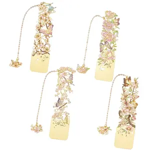 4Pcs 4 Styles Brass & Iron Enamel Bookmarks with Chain