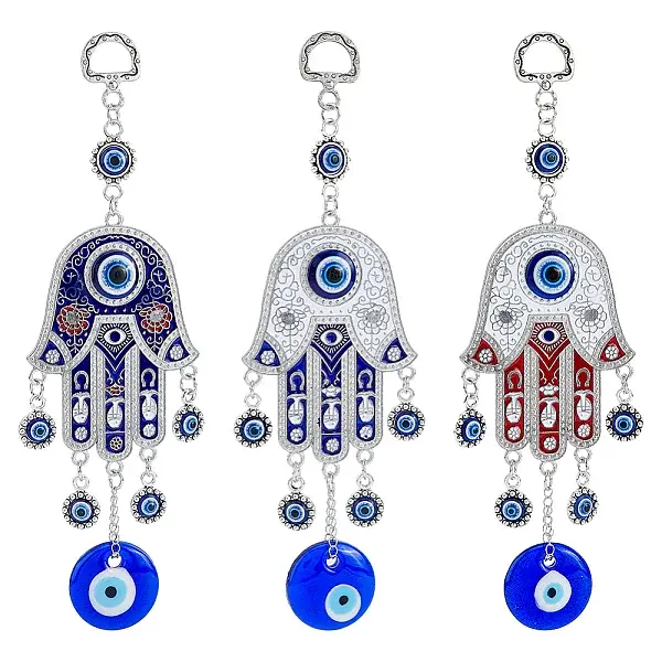 3Pcs 3 Cololrs Bohemian Tribal Metal Pendant with Devil's Eye Design Hand Keychain