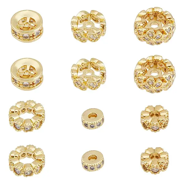 12Pcs 6 Style Brass Micro Pave Cubic Zirconia Spacer Beads