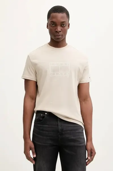 Bavlněné tričko Tommy Jeans pánské, béžová barva, DM0DM22317