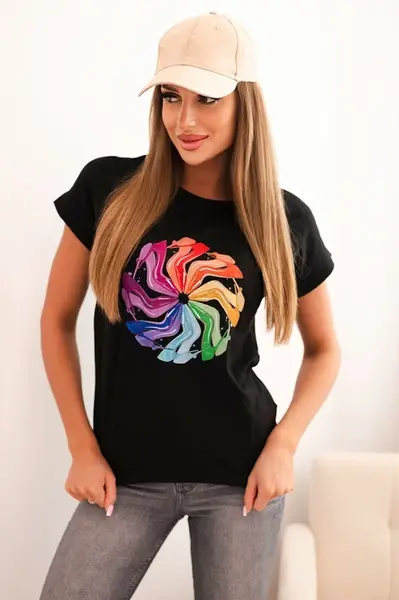 Kesi Dámská bavlněná blůza s krátkým rukávem a barevným potiskem černá