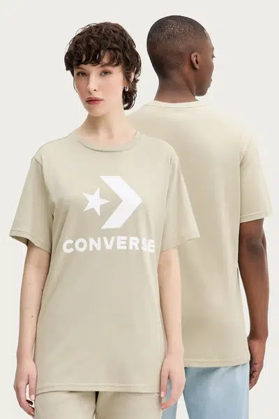 Bavlněné tričko Converse béžová barva, s potiskem, 10025458-A45