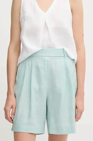 Lněné kraťasy United Colors of Benetton tyrkysová barva, high waist, 4AGHD901V