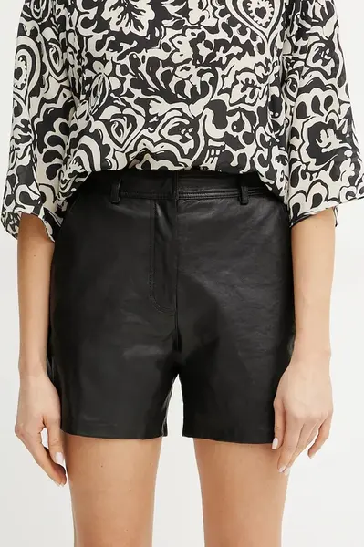 Kožené šortky Weekend Max Mara dámské, černá barva, hladké, high waist, 2515431011600