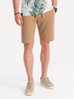 Ombre Men's knitted shorts with decorative elastic waistband - light brown