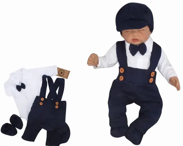 5-dielna pletená sada Boy, body, nohavice, čiapočka motýlik, topánočky, granát, veľ 56