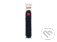 Obšitá záložka Lienka (obrázok červený, farba kože tmavomodrý semiš)