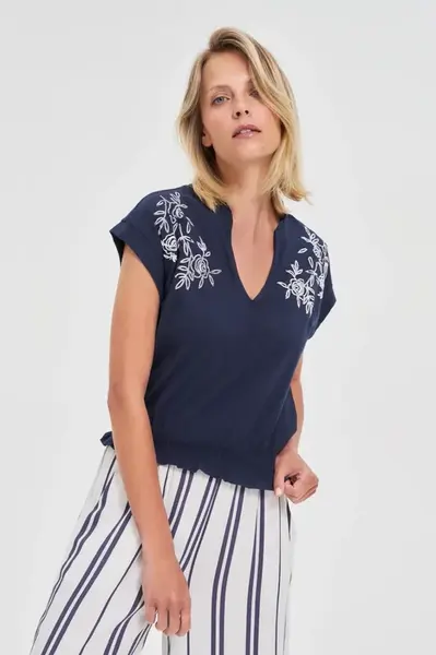 Marisse Navy Blue Cotton Blouse