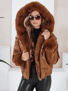 Dámská kožená bunda s hnědým kožešinovým lemem