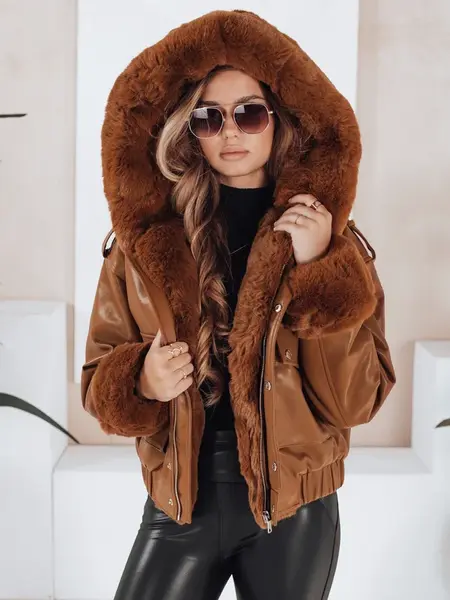 Dámská kožená bunda s hnědým kožešinovým lemem