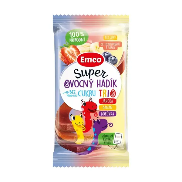 Emco Super ovocný hadík Trio jahoda, banán a borůvka 20 g