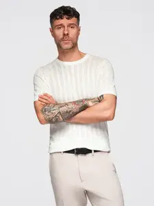 Ombre Men's openwork sweater with round neckline and short sleeves - white