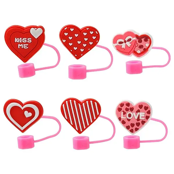 12Pcs 6 Styles Valentine's Day Theme PVC & Silicone Dustproof Straw Cap