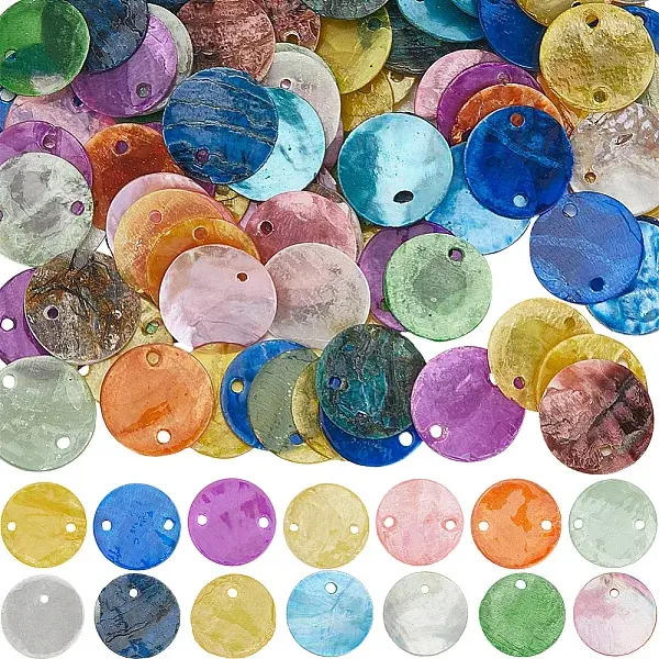 140Pcs 14 Styles Spray Painted Natural Capiz Shell Connector Charms