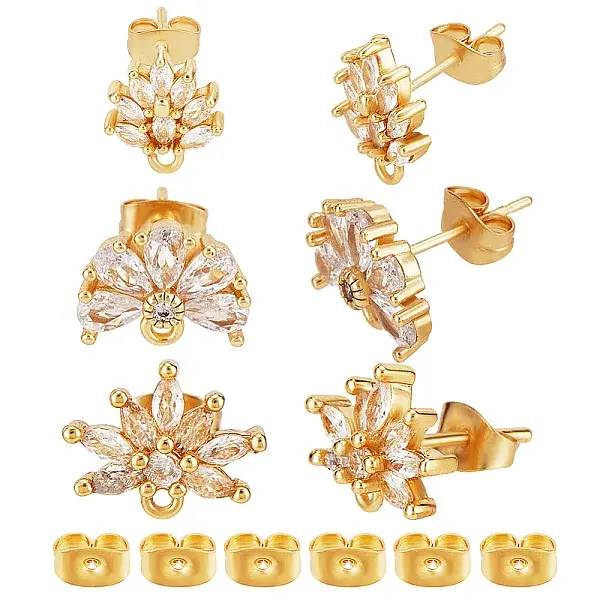 3Pairs 3 Styles Brass Cubic Zirconia Stud Earring Findings