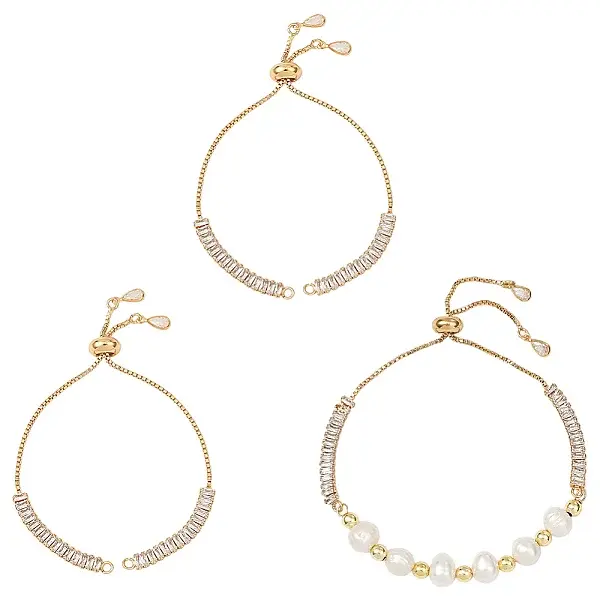 3Pcs Brass Pave Clear Cubic Zirconia Rectangle Slider Bracelet Making