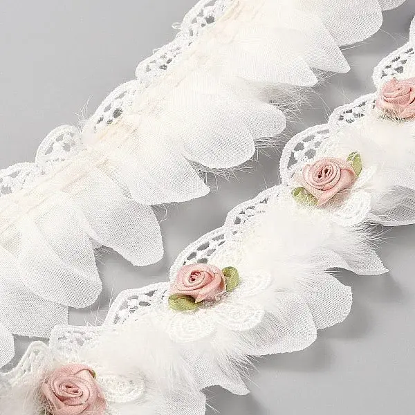 Polyester Flower Lace Ribbons with Faux Feather