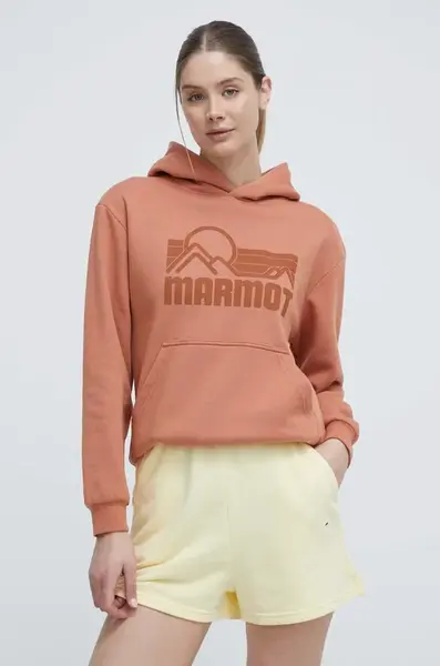 Tepláková mikina Marmot Coastal oranžová barva, s kapucí, s potiskem
