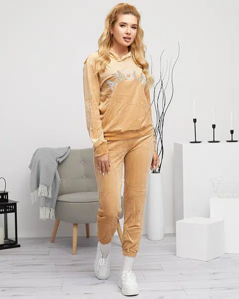 Resti Women's beige sweatshirt set with an inscription and crystals - Clothing
