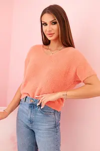 Kesi Włoski Dámsky sveter z mäkkého vlasu s V výstrihom krátky rukáv lososový