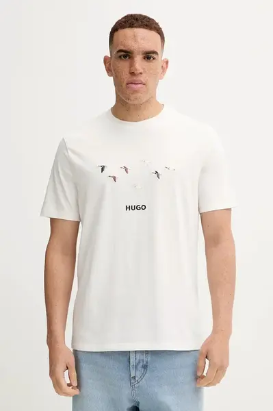 Bavlněné tričko HUGO pánské, bílá barva, s aplikací, 50549154