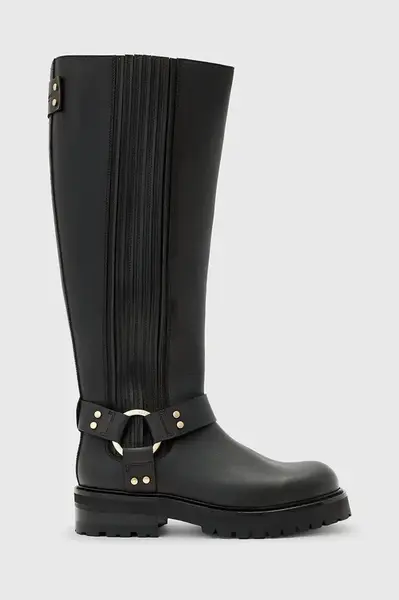 Kožené kozačky AllSaints Maddie High Boot dámské, černá barva, na plochém podpatku, W185FB