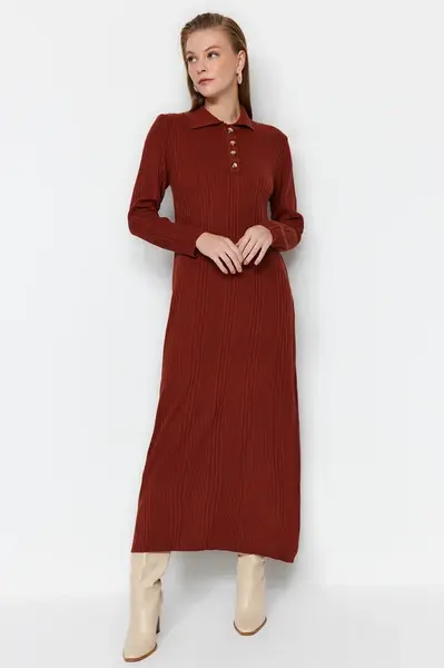 Trendyol Tile Polo Collar Buttoned Relaxed Fit Rib Knit Dress