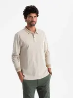 Ombre Men's melange polo longsleeve with embroidery - sand melange