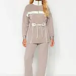 Trendyol Mink Ecru Piping Pletená Scuba Sada Top & Spodek
