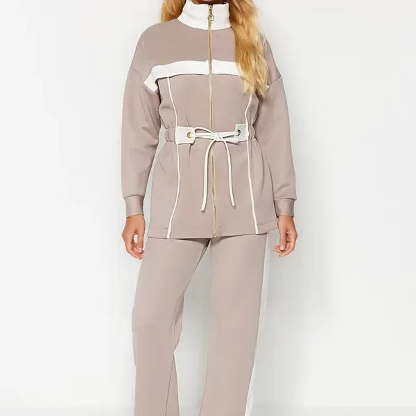 Trendyol Mink Ecru Piping Pletená Scuba Sada Top & Spodek