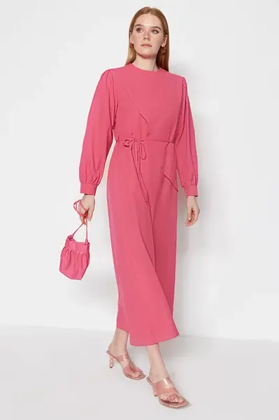 Trendyol Fuchsia Páskové bavlněné tkané šaty s předním dílem