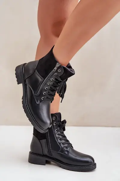 PE1 Zateplené boty na plochém podpatku eko kůže černé Naoise