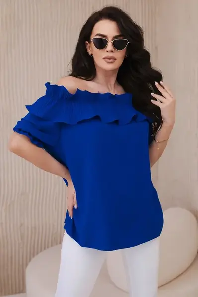 Španělská halenka s ozdobným volánem chrpově modré