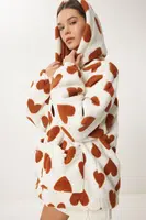 Happiness İstanbul Women&#039;s Biscuit Ecru Hooded Heart Plush Coat