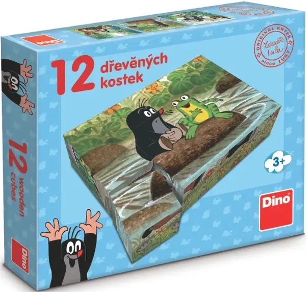 Dřevěné lic. kostky Krtek a zvířátka – 12 kostek (poškozené)