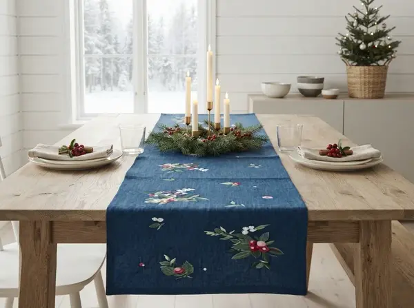 Vánoční běhoun na stůl WINTER BERRIES 40x150 cm, tmavě modrý