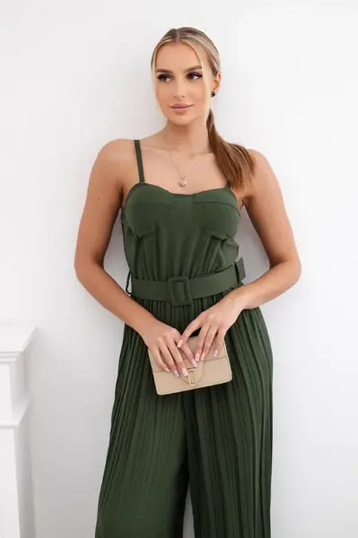 Plisovaná kombinéza s ramínky khaki
