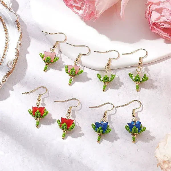 Flower Handmade Glass Seed Beads & Acrylic Beads Dangle Earrings