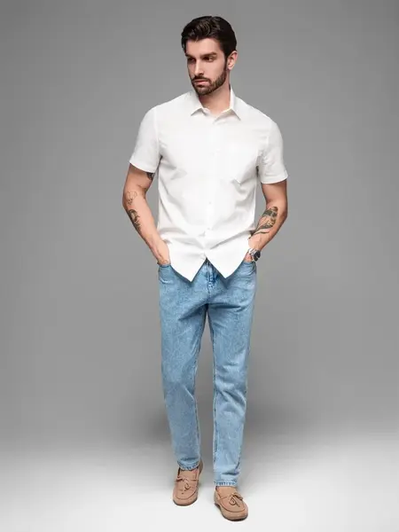 Ombre Men's short-sleeved linen-cotton shirt with pocket - broken white