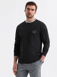 Ombre Men's cotton longsleeve with striped U neckline and embroidery - black