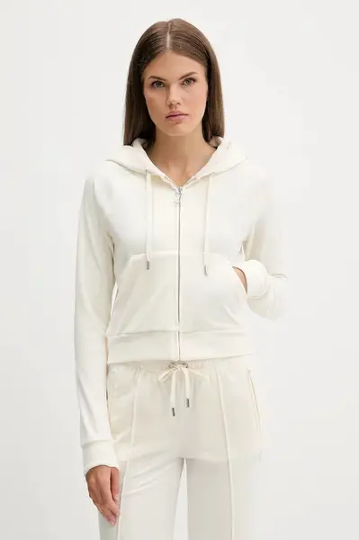 Velurová mikina Juicy Couture dámská, béžová barva, s kapucí, hladká, JCWAS225306