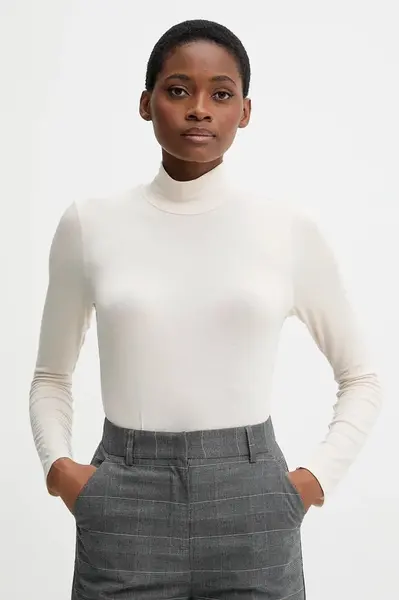 Tričko s dlouhým rukávem s příměsí kašmíru United Colors of Benetton béžová barva, s golfem, 3LRU3M077