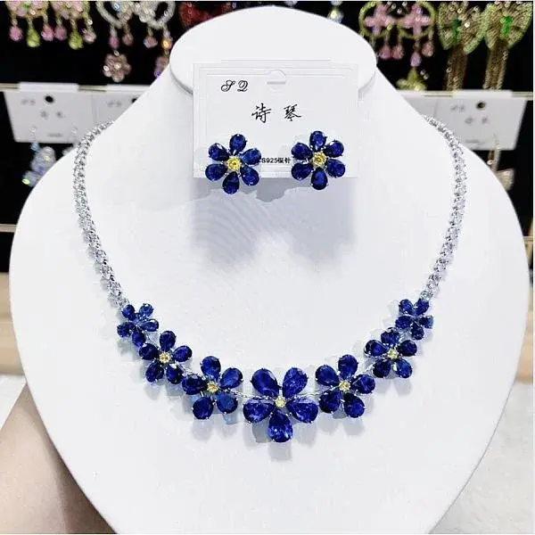 Flower Brass Micro Pave Cubic Zirconia Necklaces & Stud Earrings Sets