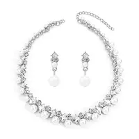 Rhombus Alloy & Plastic Pearl & Crystal Rhinestone Pendant Necklace & Stud Dangle Earring