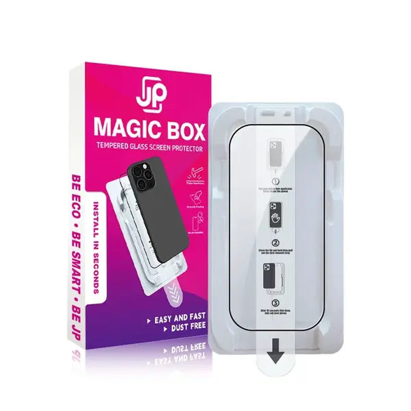 JP Magic Box 5D Tvrzené sklo s jednoduchou aplikací, iPhone 17 Pro Max, černé