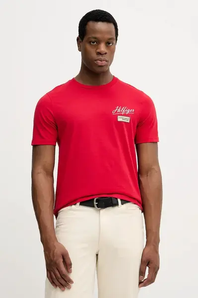 Bavlněné tričko Tommy Hilfiger pánské, červená barva, s potiskem, MW0MW41471