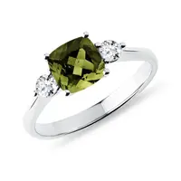 Prsteň z bieleho 14k zlata s vltavínom vo výbrúse cushion KLENOTA