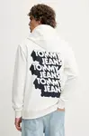 Bavlněná mikina Tommy Jeans pánská, bílá barva, s kapucí, s potiskem, DM0DM21625