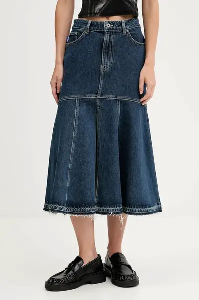 Džínová sukně Hugo Blue tmavomodrá barva, midi, áčková, 50541569